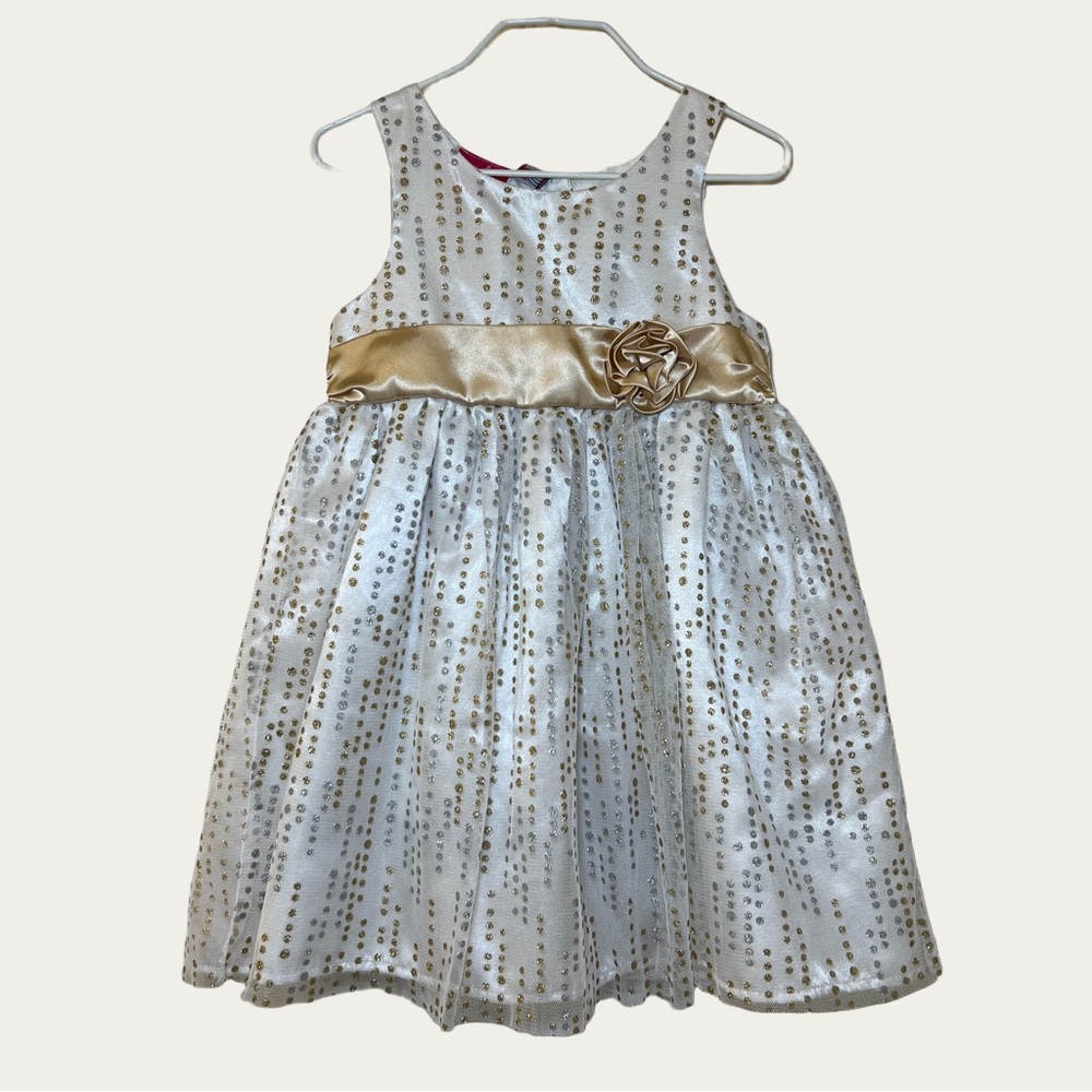 Pinky White and Gold Glittery Tulle Dress Rose Detail Toddler‎ Girl 4T